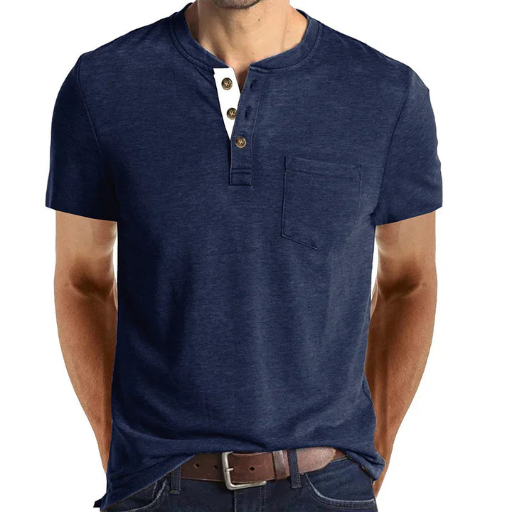Men's navy blue short sleeve Henley shirt with chest pocket and button placket detail