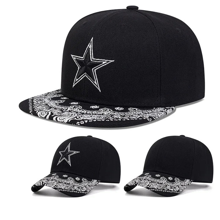 Black baseball cap with white embroidered star and paisley patterned brim