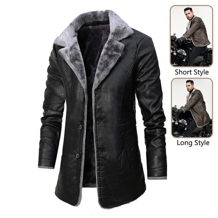 Black leather men's coat with gray fur collar and lining, shown in short and long styles on model riding motorcycle