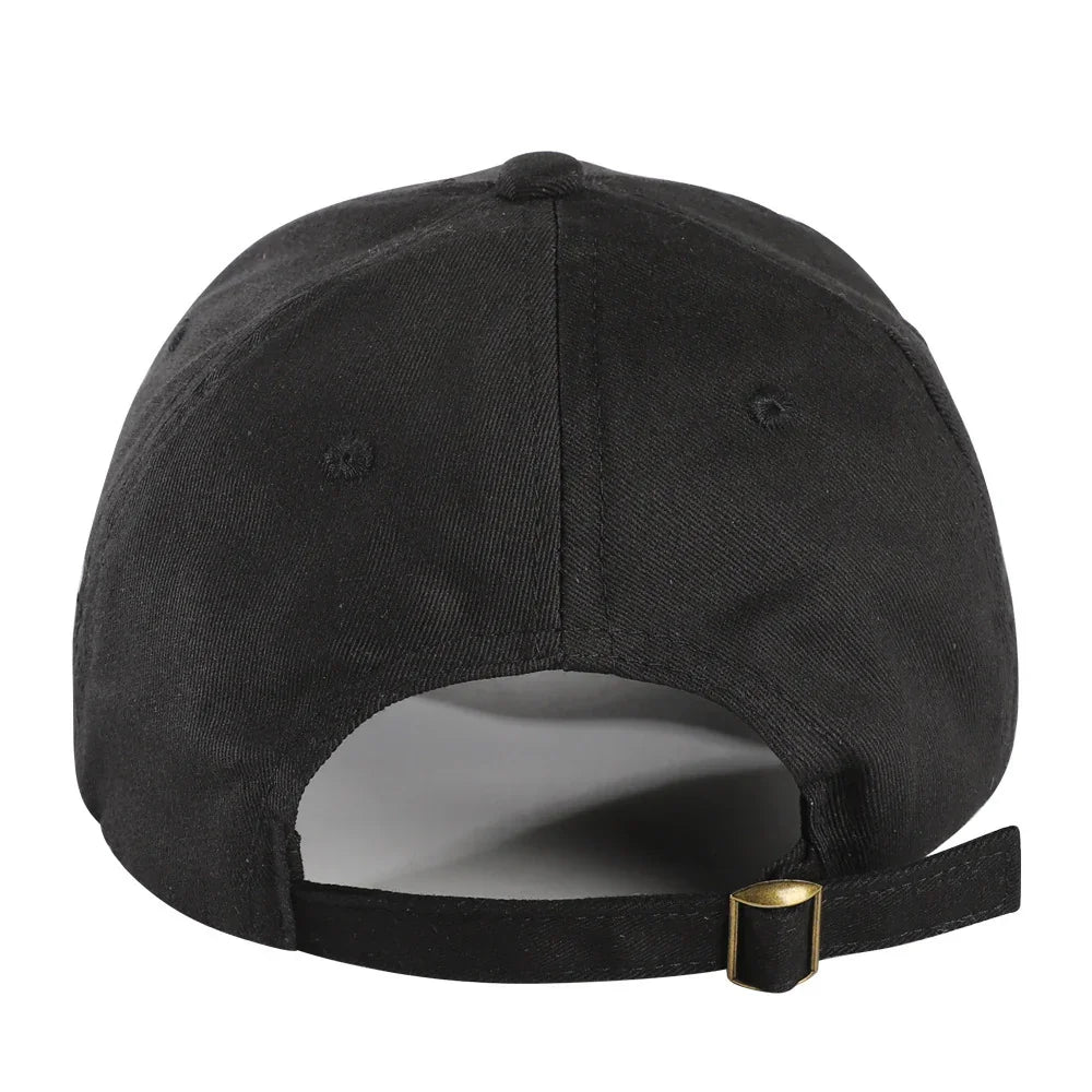 Back view of black adjustable baseball cap with brass buckle strap on white background