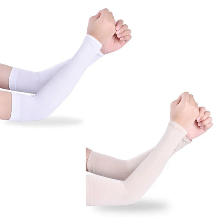 Two arms wearing white and beige sun protection arm sleeves on white background