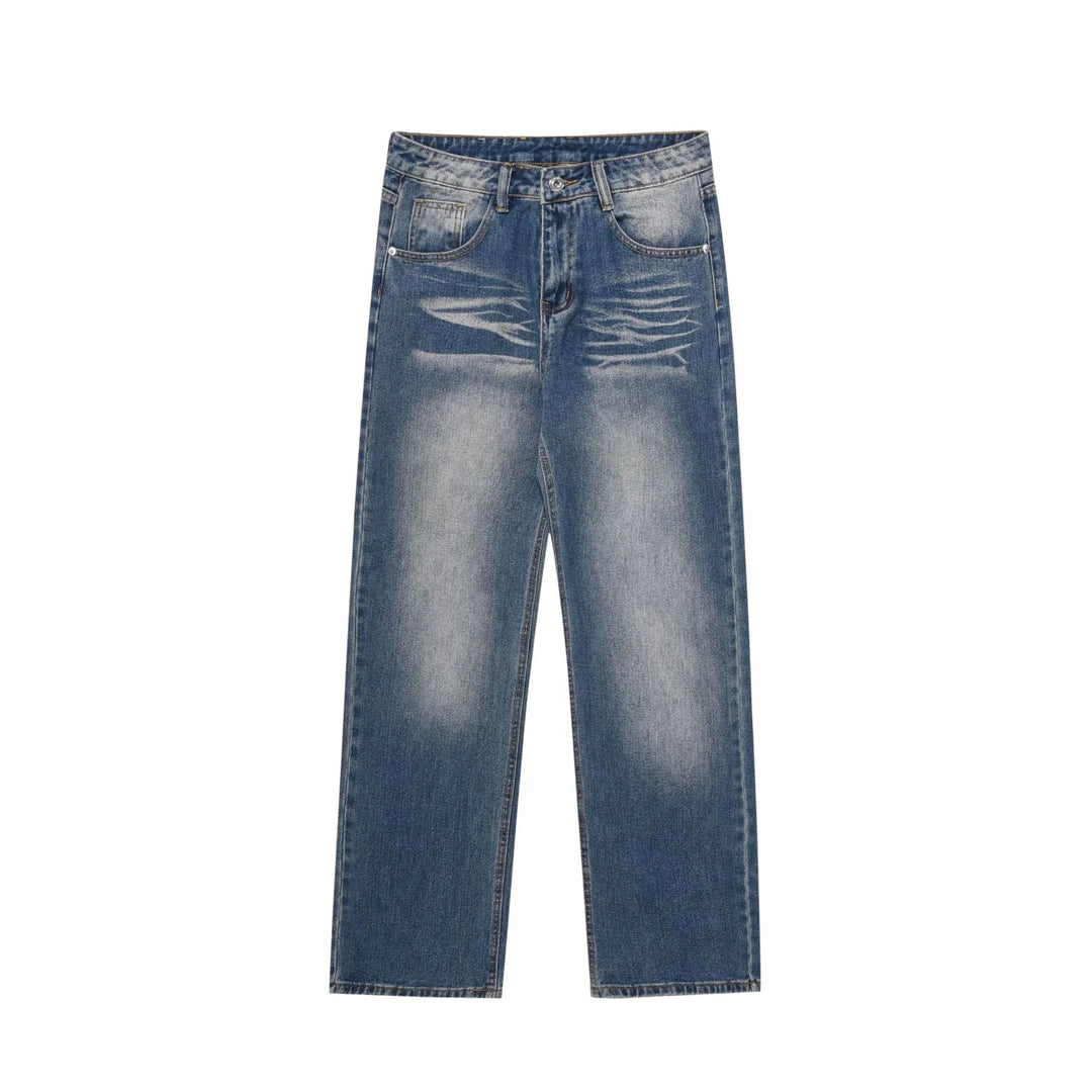Straight-leg blue denim jeans with faded and distressed detailing on front