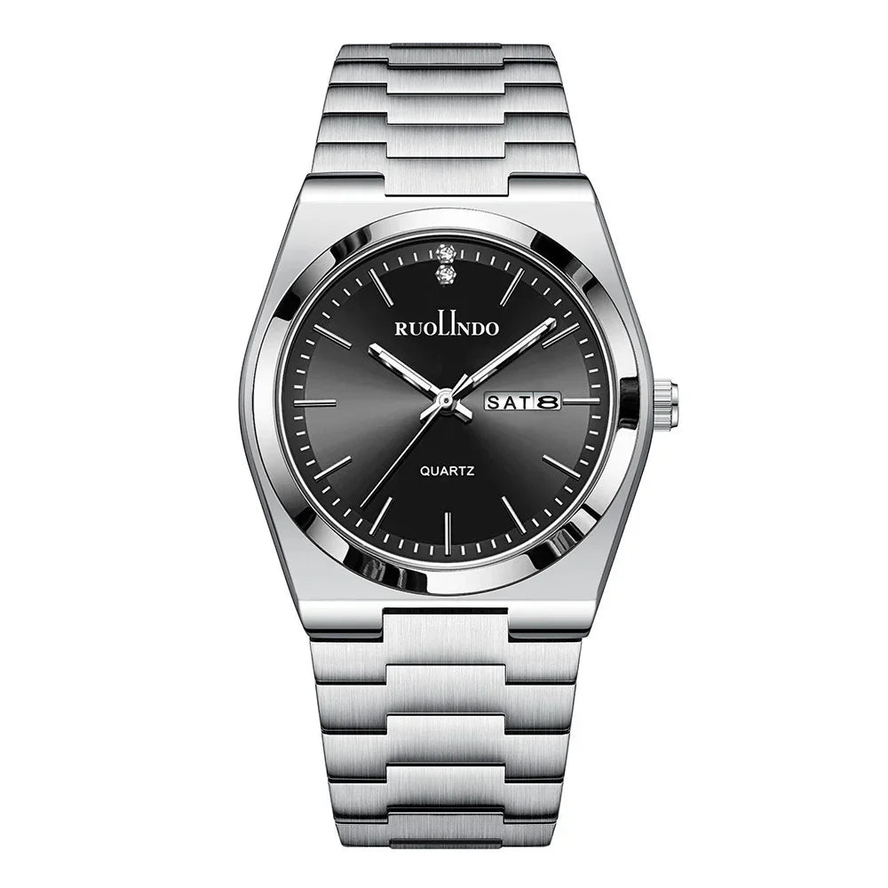 Silver stainless steel Ruolindo quartz wristwatch with black dial and day-date display