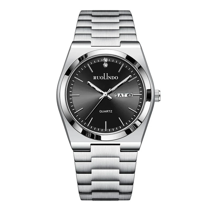 Silver stainless steel Ruolindo quartz wristwatch with black dial and day-date display