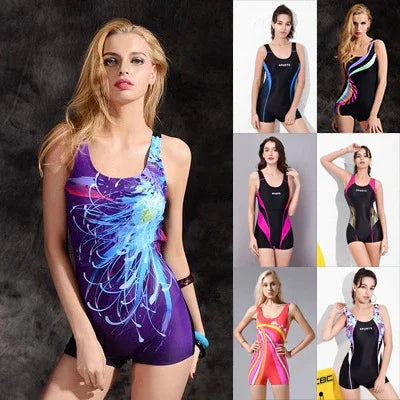 Women modeling colorful one-piece swimsuits with sporty designs on dark and light backgrounds