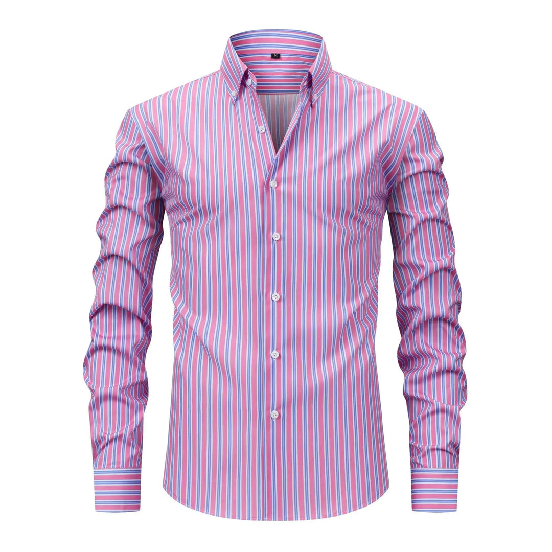 Men's slim fit pink and blue striped button-down dress shirt with long sleeves