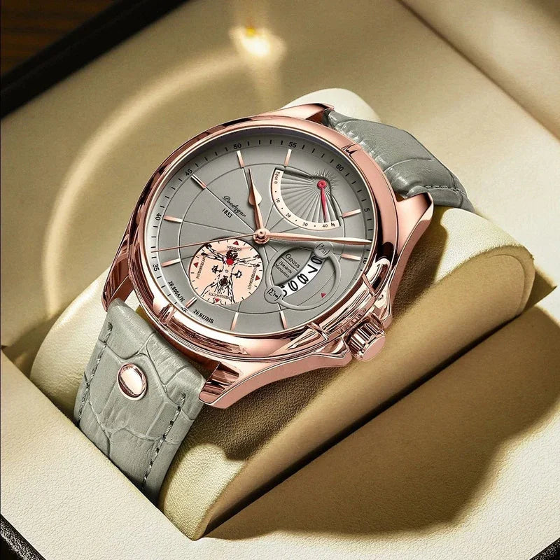 Rose gold luxury wristwatch with grey leather strap, multi-function dial, and vintage design