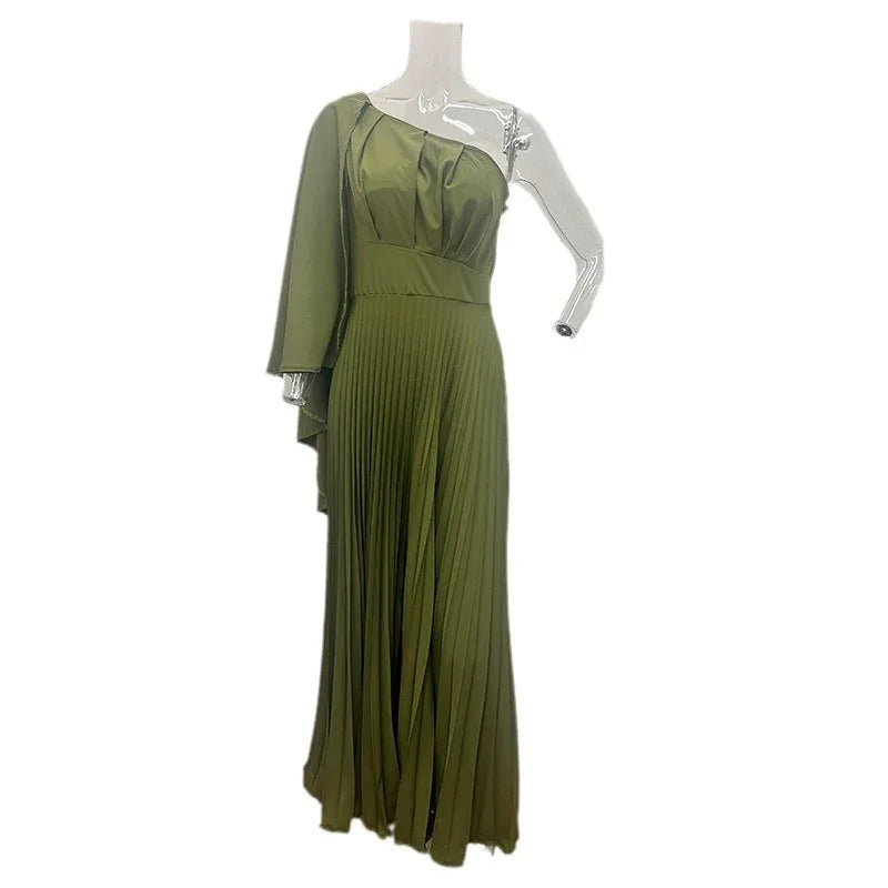 Elegant olive green one-shoulder pleated evening dress on clear mannequin