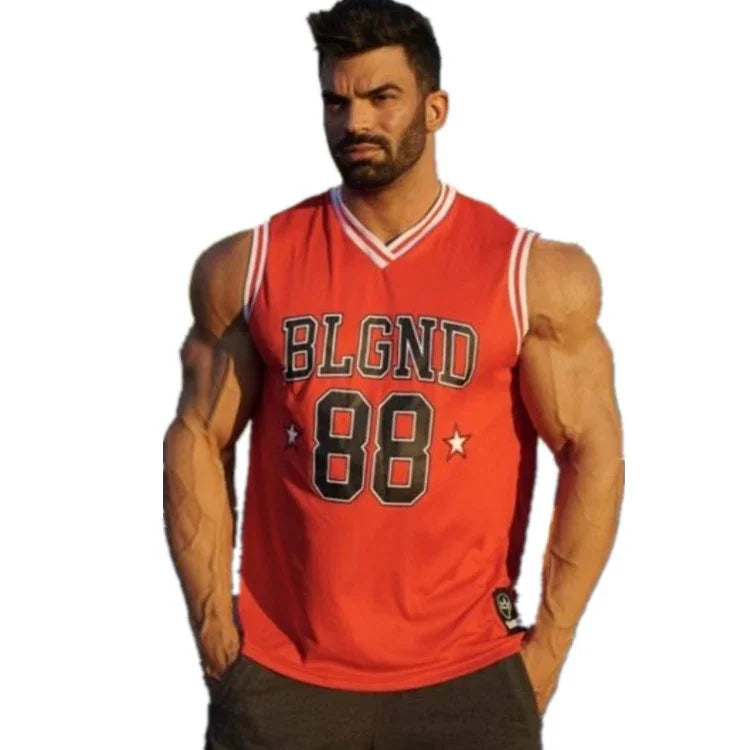 Muscular man in red sleeveless basketball jersey with BLGND 88 logo and black shorts