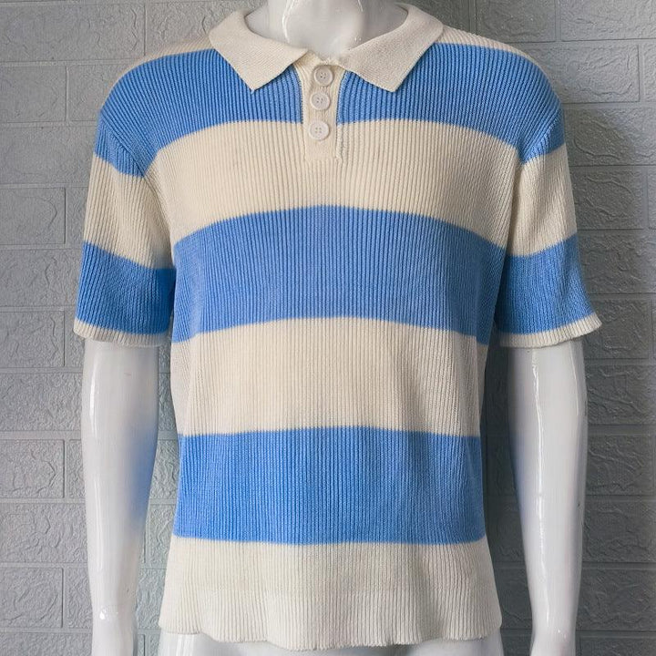 Blue and white striped short sleeve knit polo shirt with three buttons on mannequin