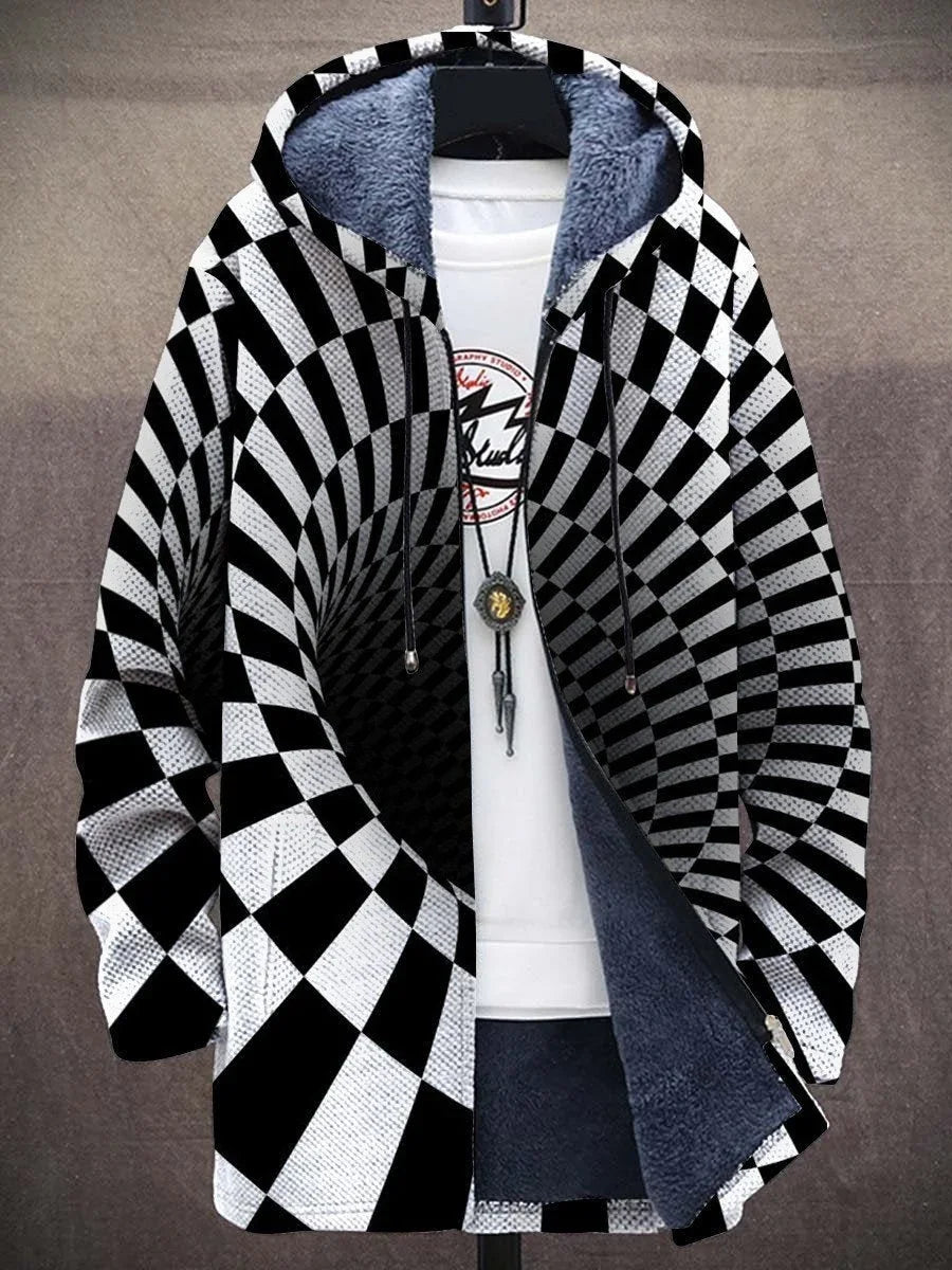 Black and white checkered pattern hoodie with 3D tunnel optical illusion, blue fleece lining, and zipper