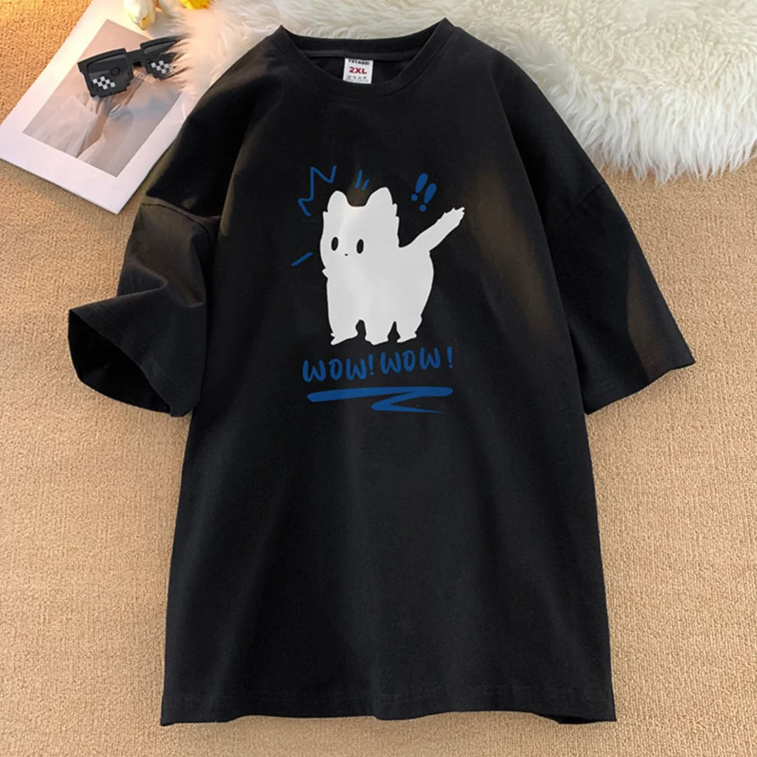 Black T-shirt with a white cartoon cat and blue text 'WOW! WOW!' design on front