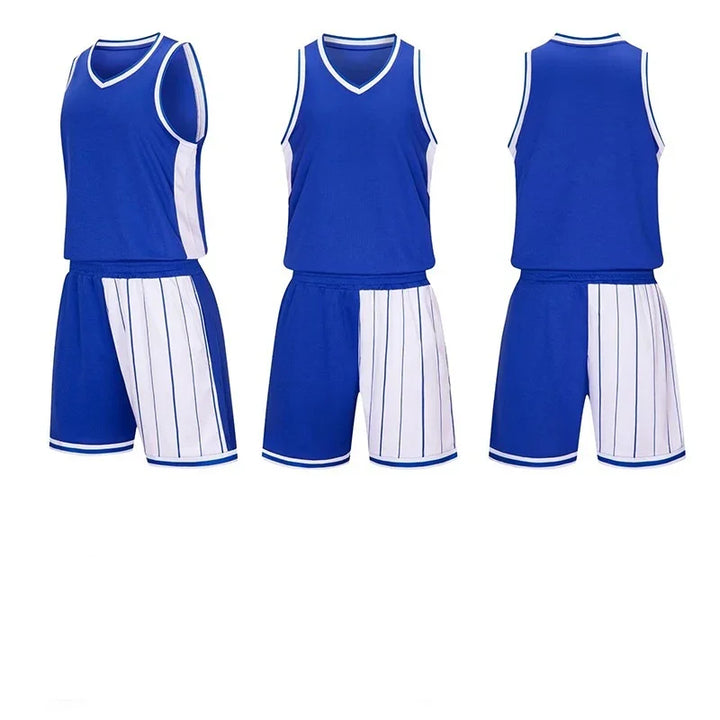 Blue and white basketball uniform set with striped shorts, front and back view