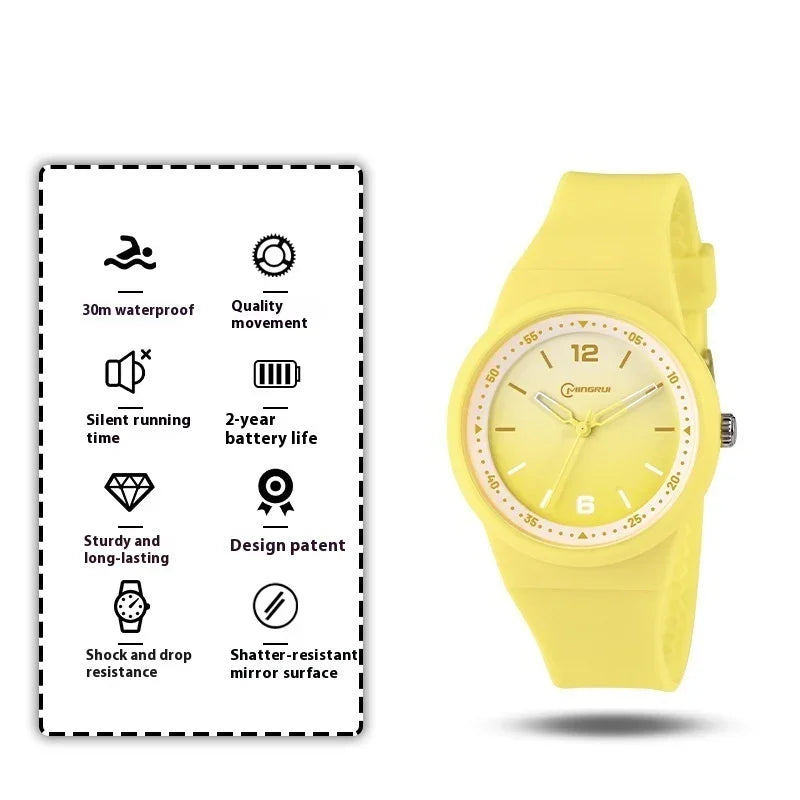 Yellow wristwatch with 30m waterproof, silent running, 2-year battery, shock resistance features