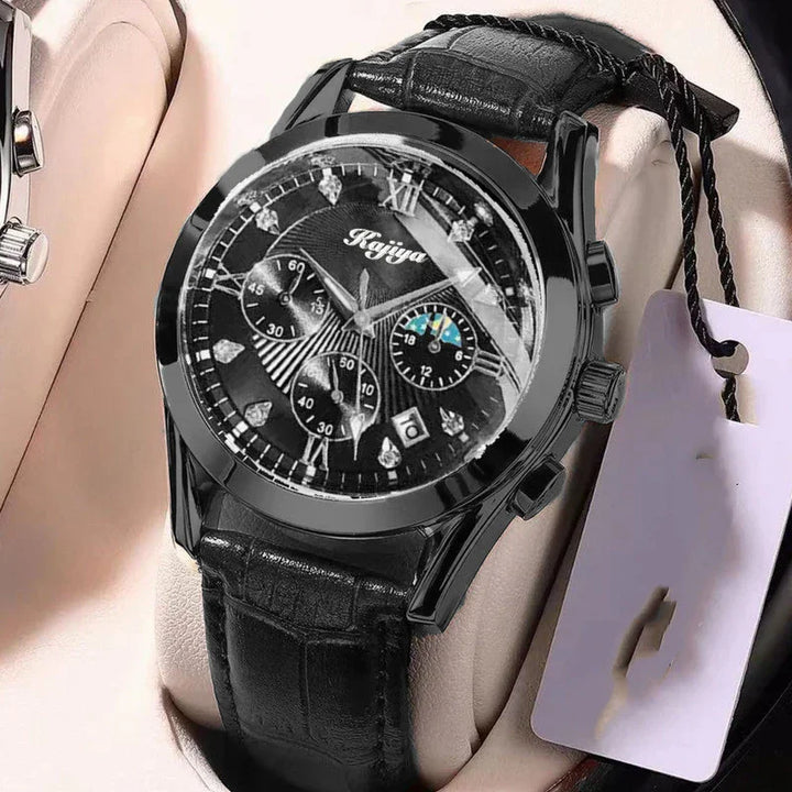 Black Kajiya men's wristwatch with leather strap, multi-dial display, and diamond markers