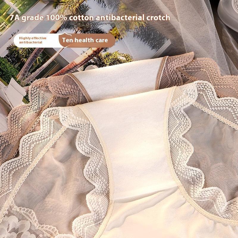 Light beige antibacterial cotton women's underwear with scalloped lace edges on sheer fabric