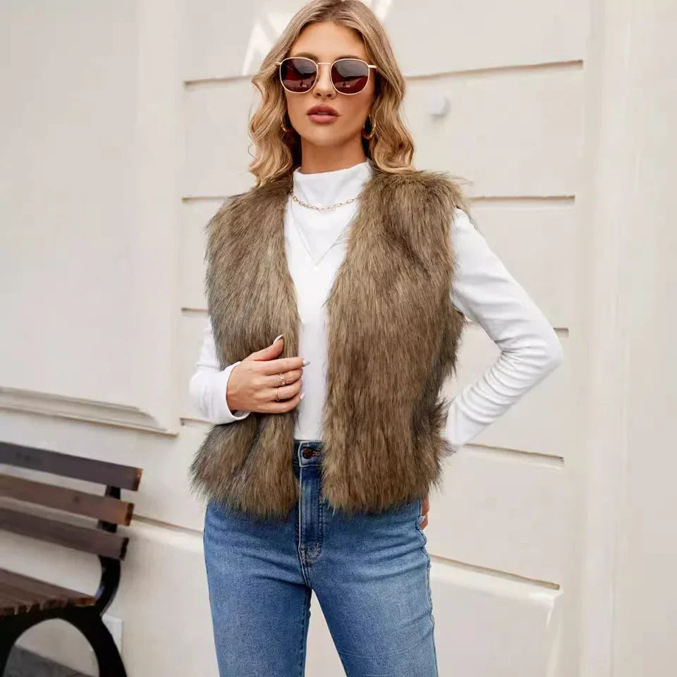 Fashionable woman wearing brown faux fur vest, white turtleneck, blue jeans, and sunglasses outdoors