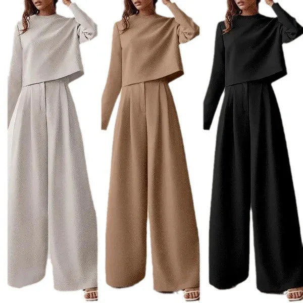 Three models wearing wide-leg pants and long-sleeve cropped tops in beige, brown, and black colors