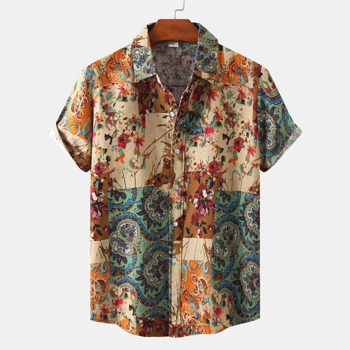 short sleeve button-up shirt with colorful floral and paisley patchwork pattern