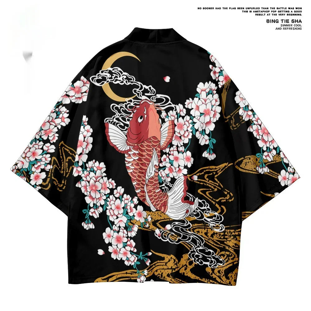 Black kimono with red koi fish, cherry blossoms, crescent moon, and gold wave designs