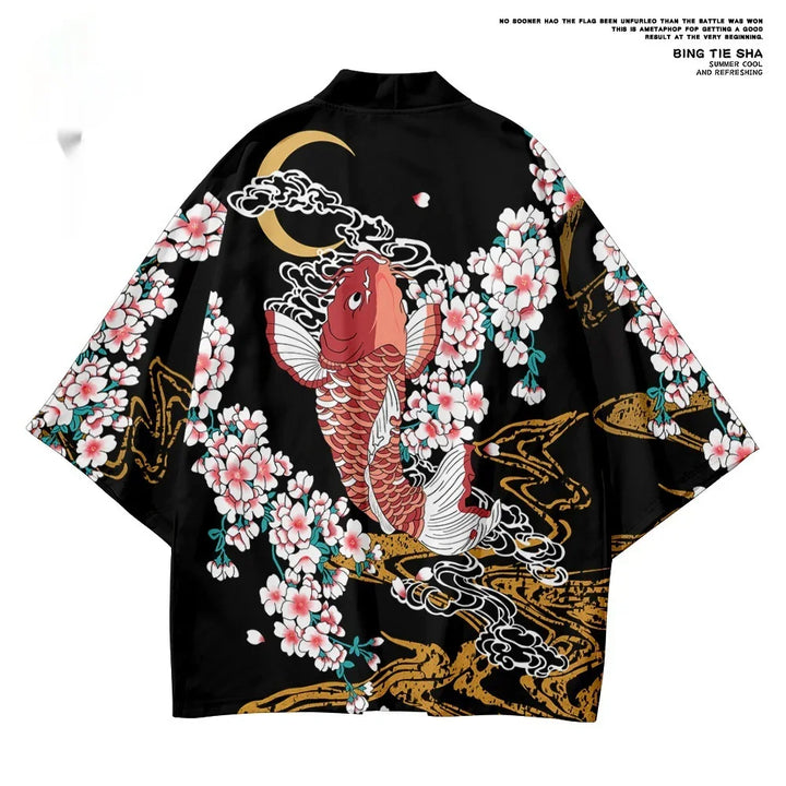 Black kimono with red koi fish, cherry blossoms, crescent moon, and gold wave designs