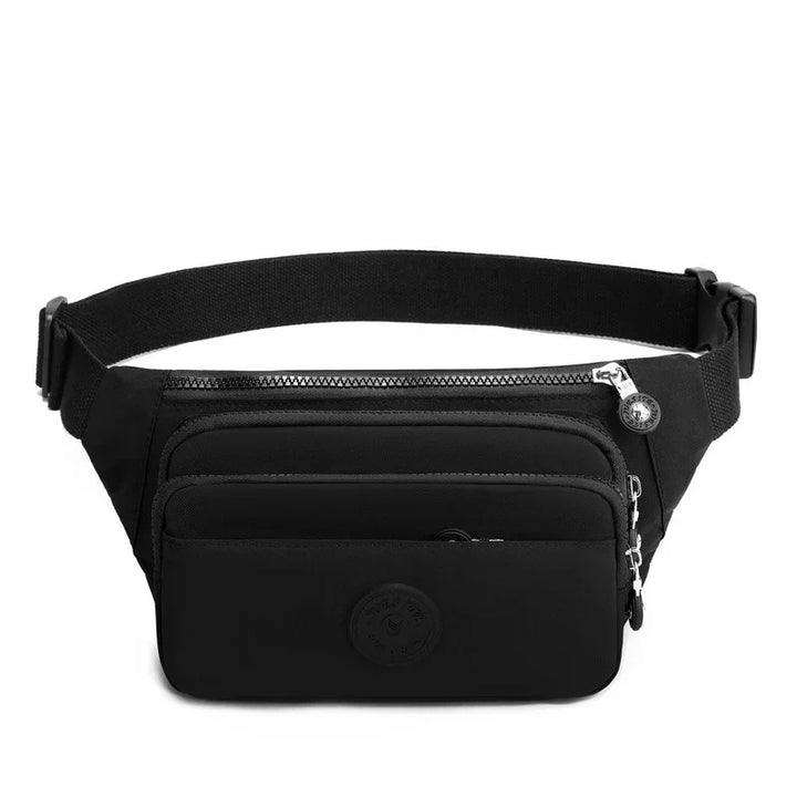 black nylon fanny pack with multiple zippered compartments and adjustable strap
