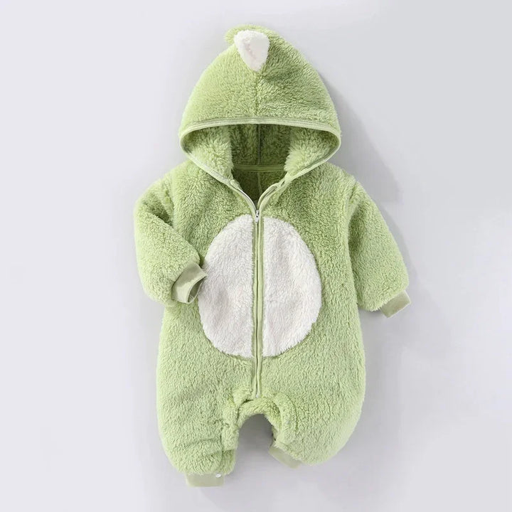 Soft green fluffy baby onesie with hood and white belly patch, cozy infant jumpsuit
