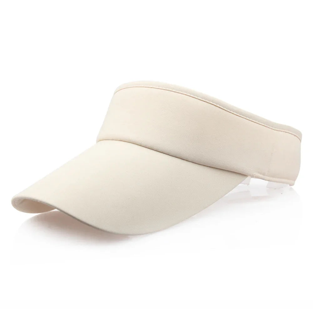 Plain beige sun visor cap made of fabric with curved brim