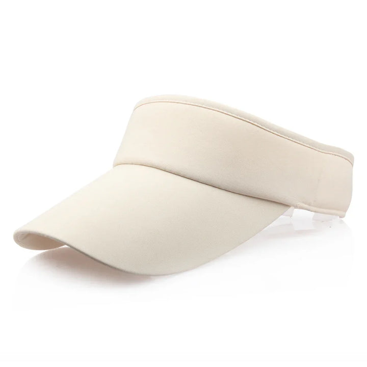 Plain beige sun visor cap made of fabric with curved brim