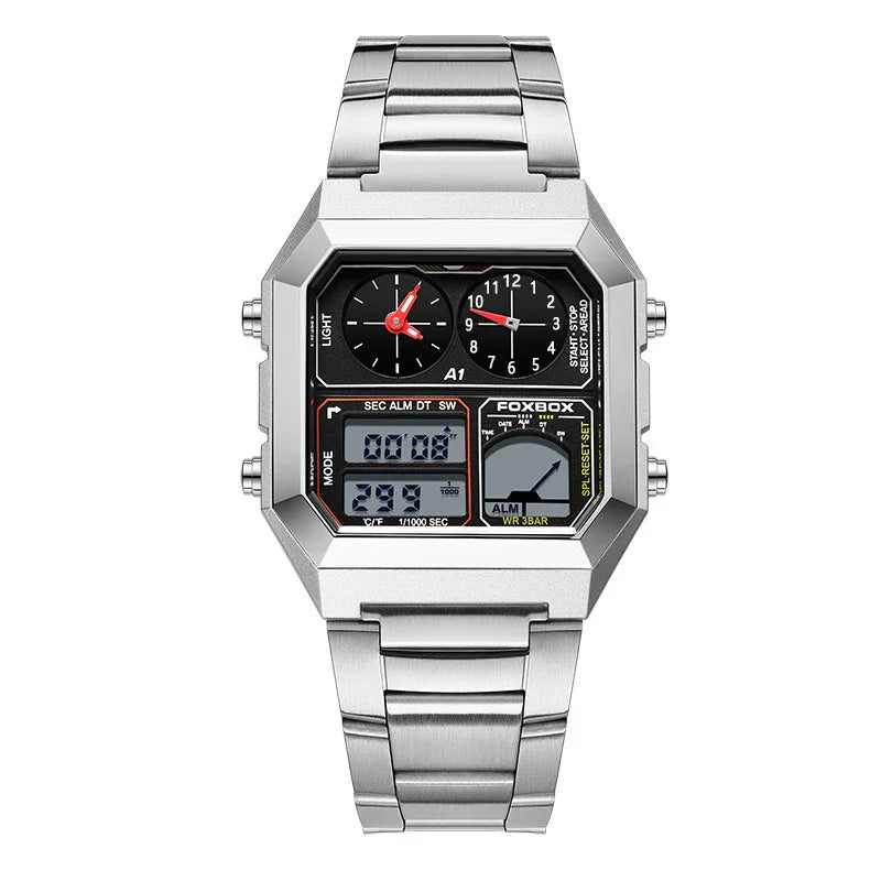 Silver stainless steel Foxbox wristwatch with analog and digital display, square face, stopwatch, and alarm features