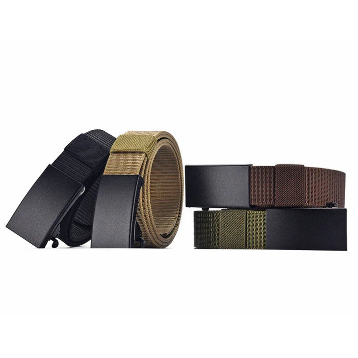 Set of four tactical nylon belts in black, khaki, brown, and olive with black metal buckles on white background