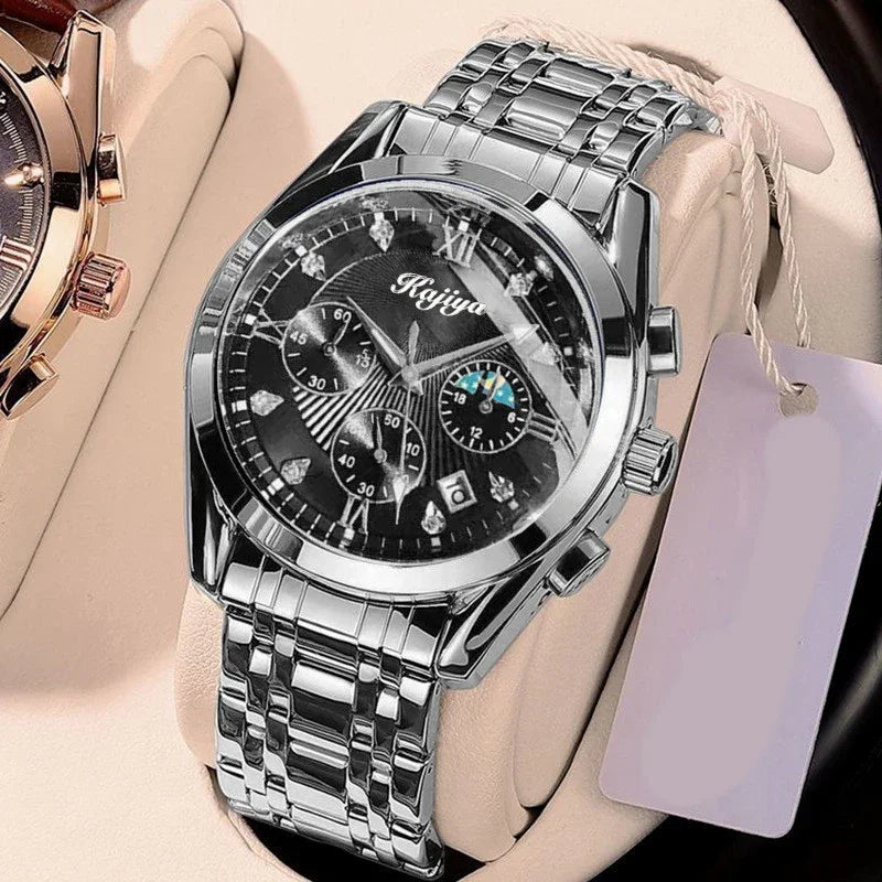 Silver metal wristwatch with black dial, multiple subdials, and date display on beige cushion