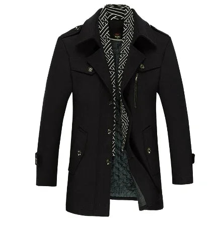 Men's black formal wool coat with patterned inner lining and buttoned pockets