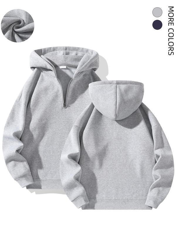Light gray half-zip hooded sweatshirt shown from front and back with soft cotton fabric