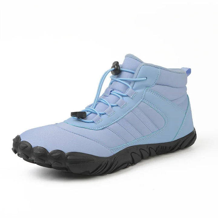 Light blue hiking shoe with black textured sole and toggle lace system on white background