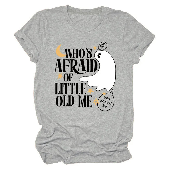 Grey t-shirt with Halloween ghost and text saying Who's afraid of little old me with stars and moon