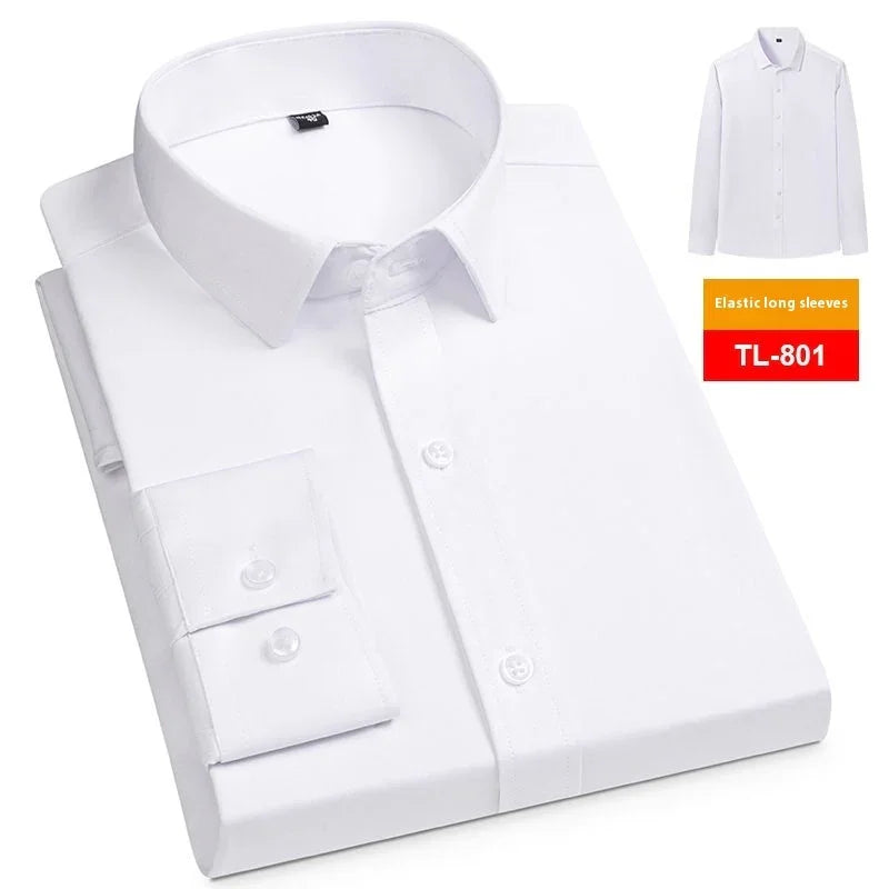 Folded white dress shirt with buttoned cuffs and collar, labeled TL-801 with elastic long sleeves