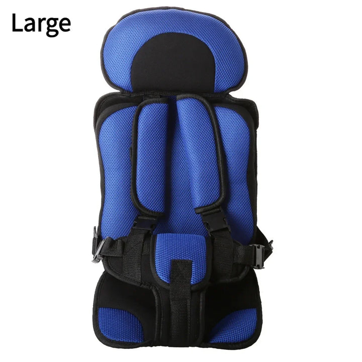 Large blue and black padded child safety harness seat with adjustable straps and buckles