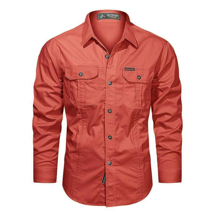 men's long sleeve orange outdoor button-up shirt with chest pockets