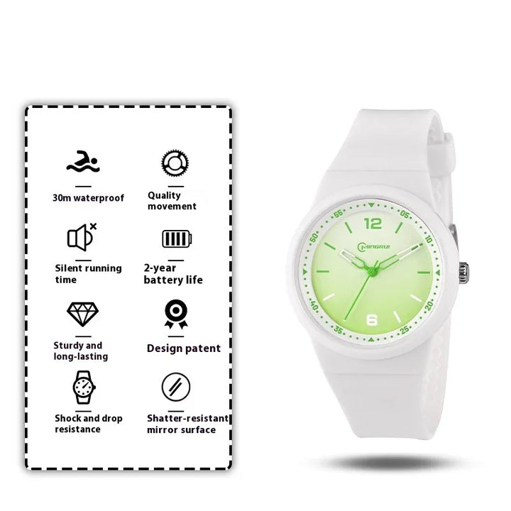 White sports watch with green dial, waterproof, silent, durable, 2-year battery, shock resistant