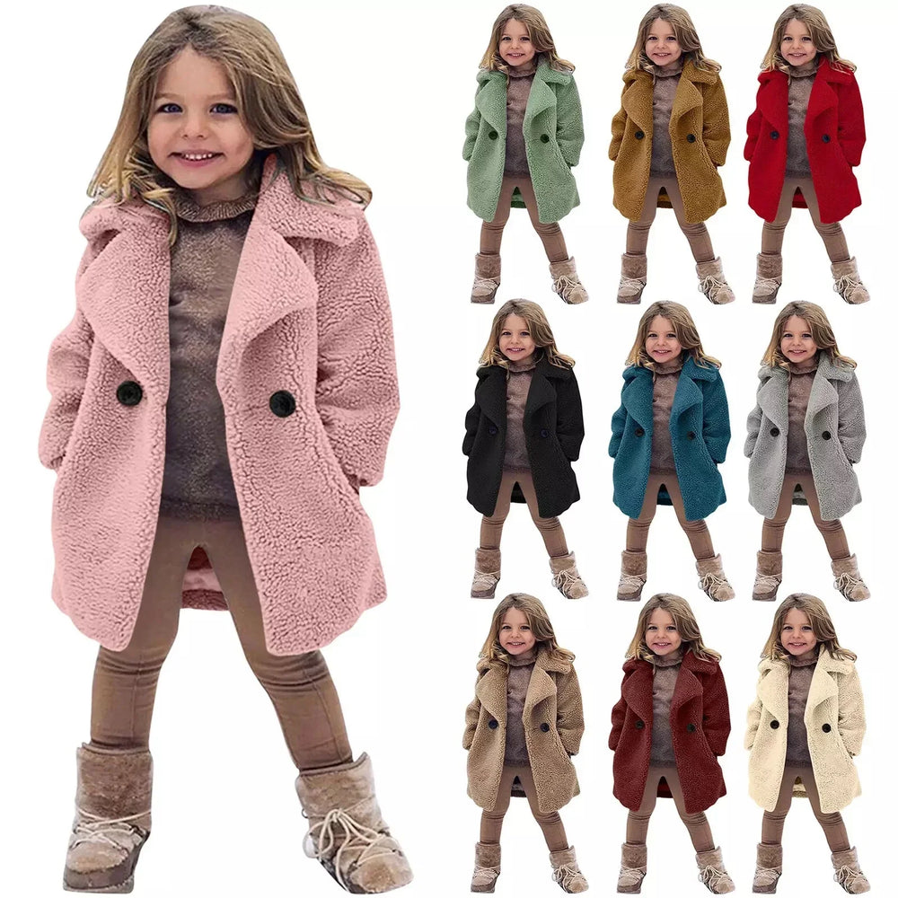 Smiling little girl wearing various colors of cozy sherpa fleece kids winter coats and boots