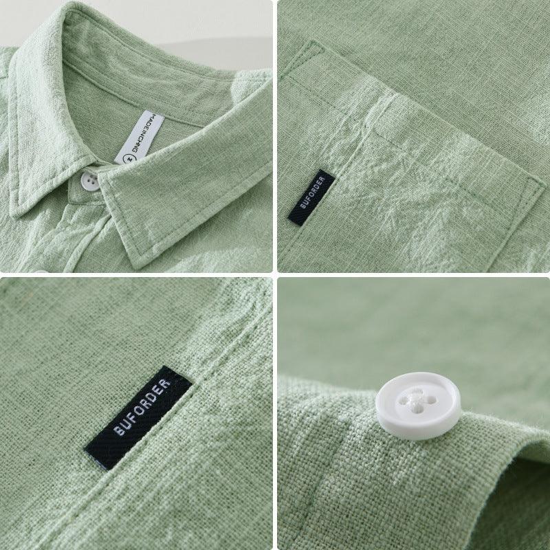 Collage of light green textured linen shirt details with collar, white button, pocket, and BUFORDER label