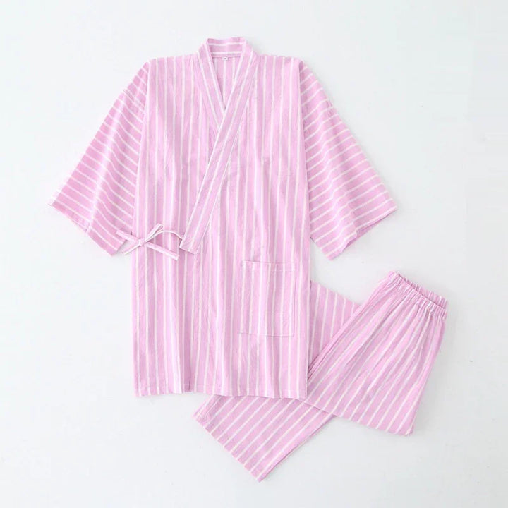 Pink and white striped cotton pajama set with kimono-style top and elastic waist pants