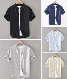 Casual men's short-sleeve open front shirts in black, navy, white, gray, and beige displayed on hangers