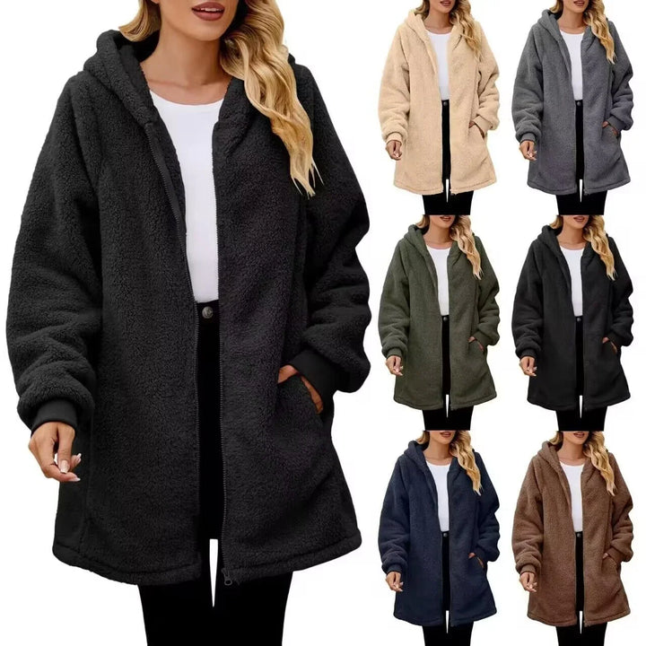 Women wearing cozy oversized sherpa fleece jackets in black, beige, grey, green, navy, brown colors
