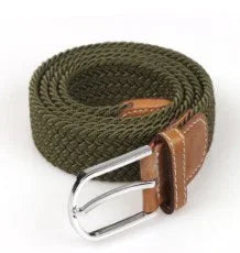Olive green woven fabric belt with brown leather accents and silver metal buckle on white background