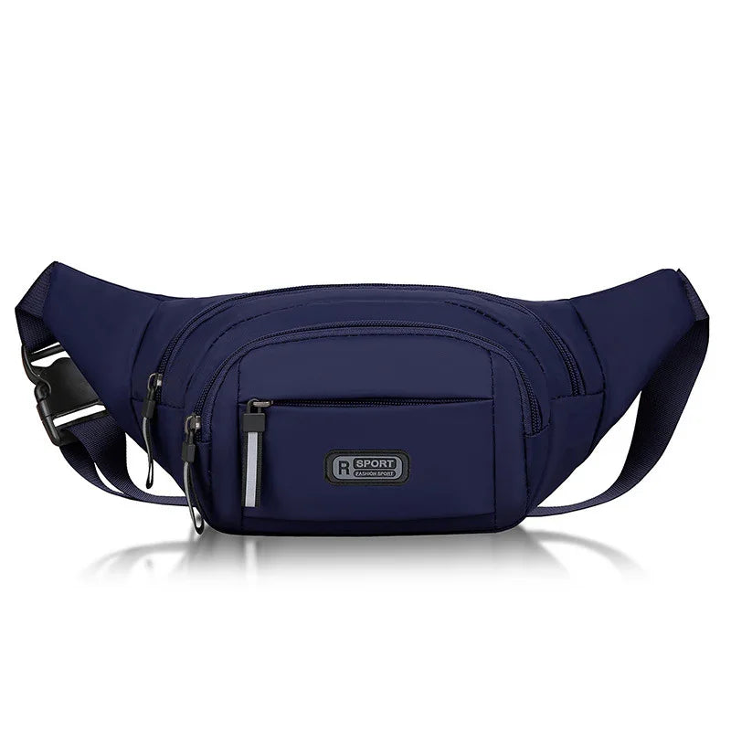 Navy blue sporty waist bag with multiple zippered pockets and adjustable strap