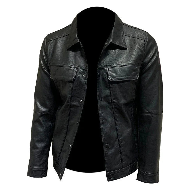Black faux leather jacket with button closure and front flap pockets on white background