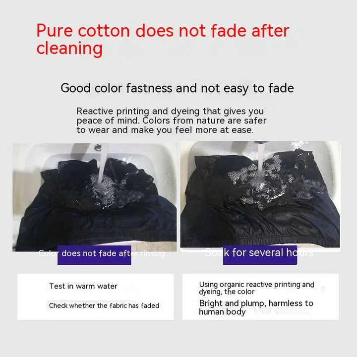 Black fabric soaked in water showing pure cotton colorfastness with no fading after rinsing