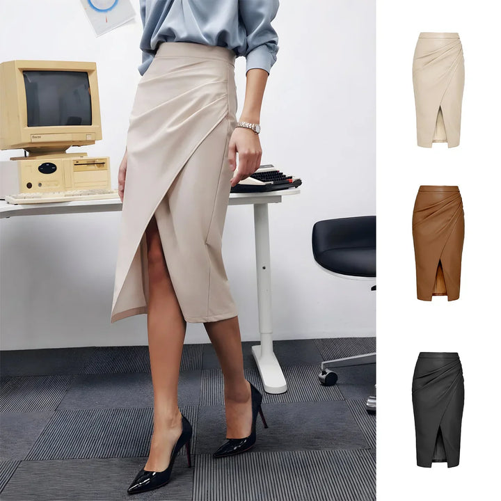 Woman wearing beige asymmetrical wrap pencil skirt with black heels in modern office setting